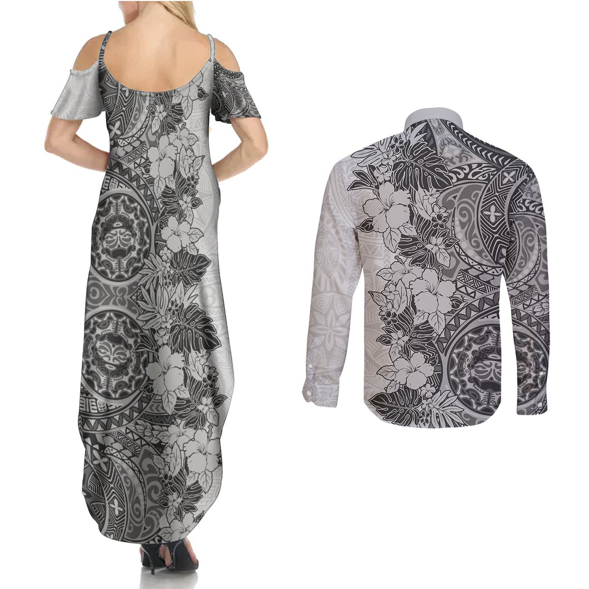 Polynesia Couples Matching Summer Maxi Dress and Long Sleeve Button Shirt Hibiscus and Hawaiian Tribal Tattoo Retro Style Gray Color LT9 - Wonder Print Shop