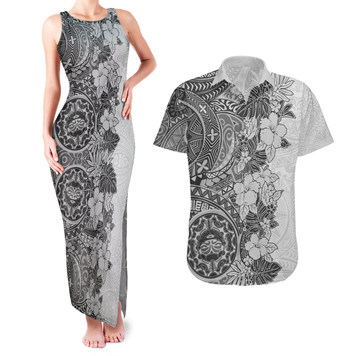 Polynesia Couples Matching Tank Maxi Dress and Hawaiian Shirt Hibiscus and Hawaiian Tribal Tattoo Retro Style Gray Color LT9 - Wonder Print Shop