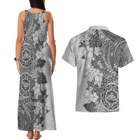 Polynesia Couples Matching Tank Maxi Dress and Hawaiian Shirt Hibiscus and Hawaiian Tribal Tattoo Retro Style Gray Color LT9 - Wonder Print Shop