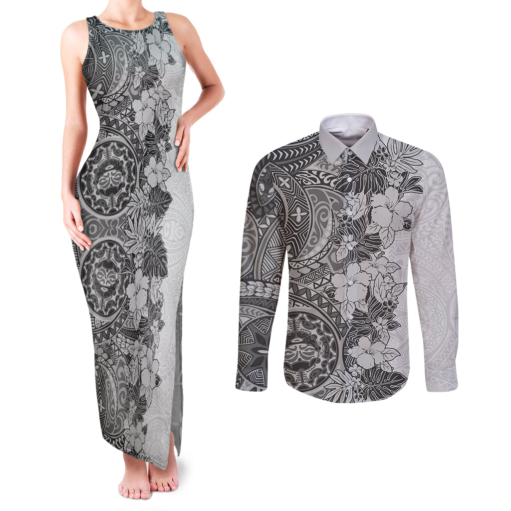 Polynesia Couples Matching Tank Maxi Dress and Long Sleeve Button Shirt Hibiscus and Hawaiian Tribal Tattoo Retro Style Gray Color LT9 - Wonder Print Shop