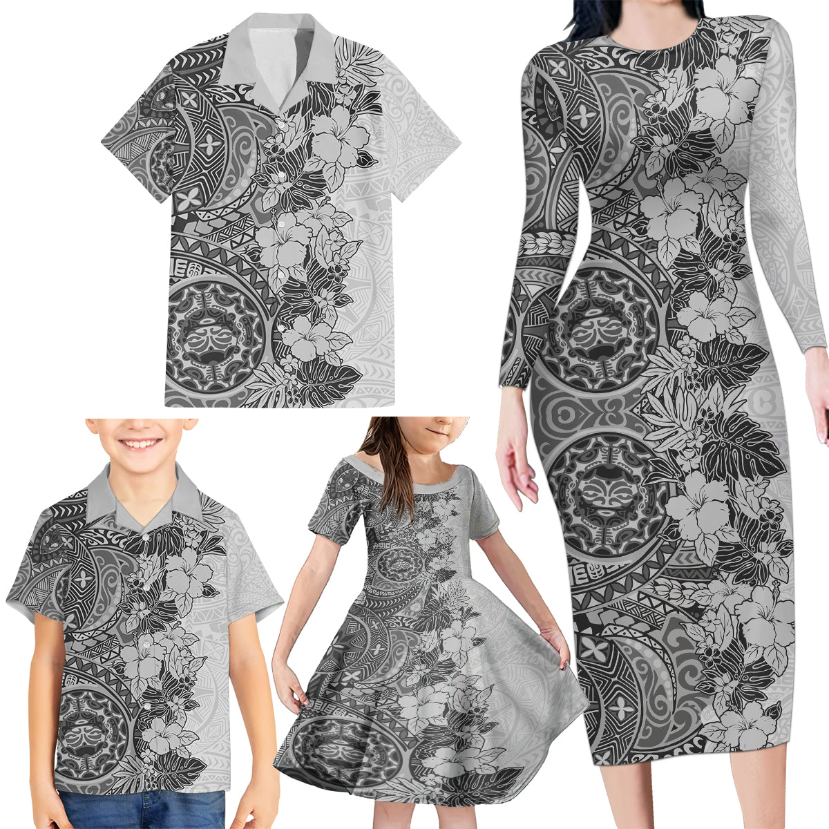 Polynesia Family Matching Long Sleeve Bodycon Dress and Hawaiian Shirt Hibiscus and Hawaiian Tribal Tattoo Retro Style Gray Color LT9 - Wonder Print Shop