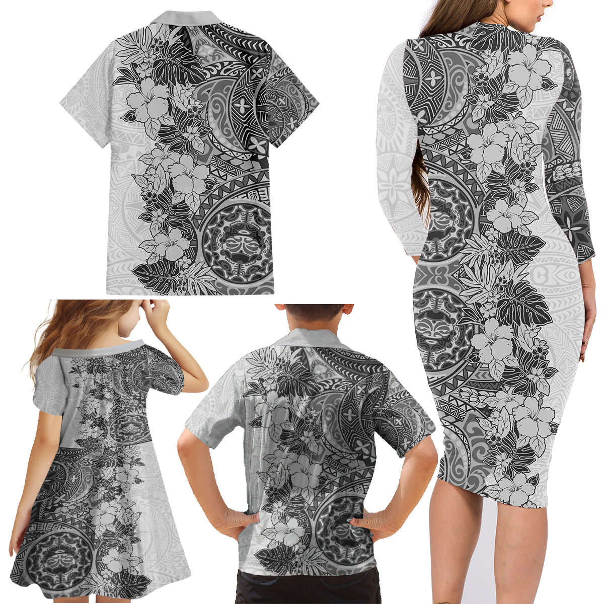 Polynesia Family Matching Long Sleeve Bodycon Dress and Hawaiian Shirt Hibiscus and Hawaiian Tribal Tattoo Retro Style Gray Color LT9 - Wonder Print Shop