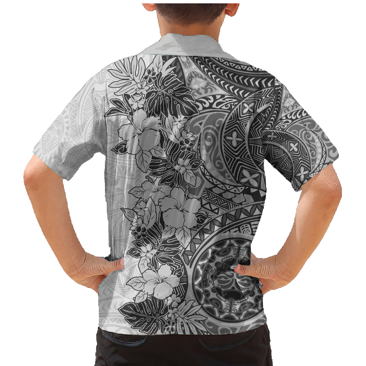 Polynesia Family Matching Mermaid Dress and Hawaiian Shirt Hibiscus and Hawaiian Tribal Tattoo Retro Style Gray Color LT9 - Wonder Print Shop