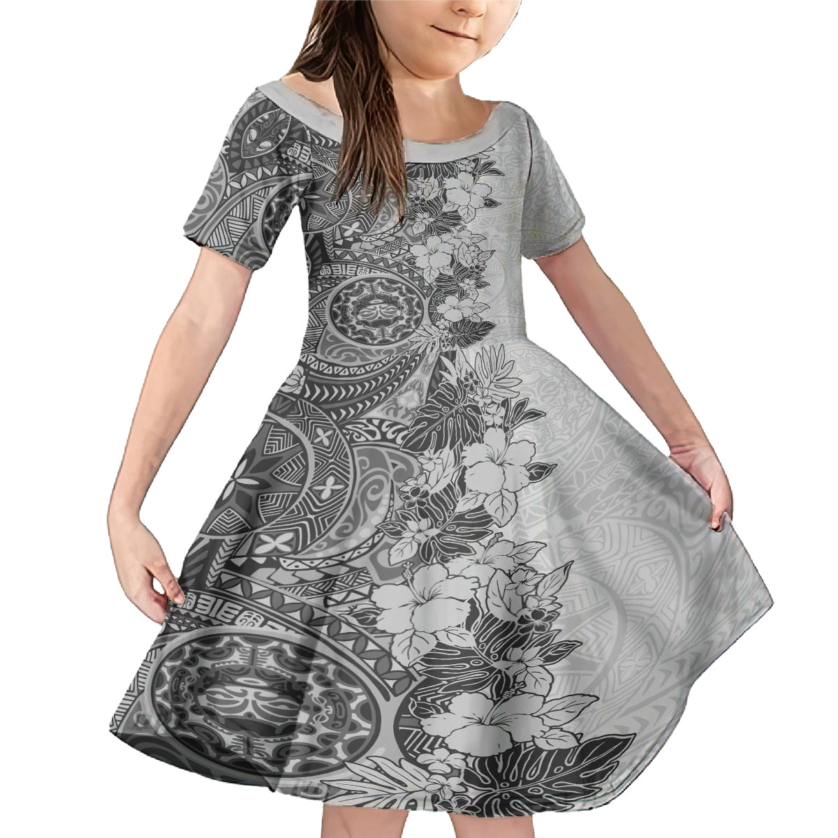 Polynesia Family Matching Mermaid Dress and Hawaiian Shirt Hibiscus and Hawaiian Tribal Tattoo Retro Style Gray Color LT9 - Wonder Print Shop