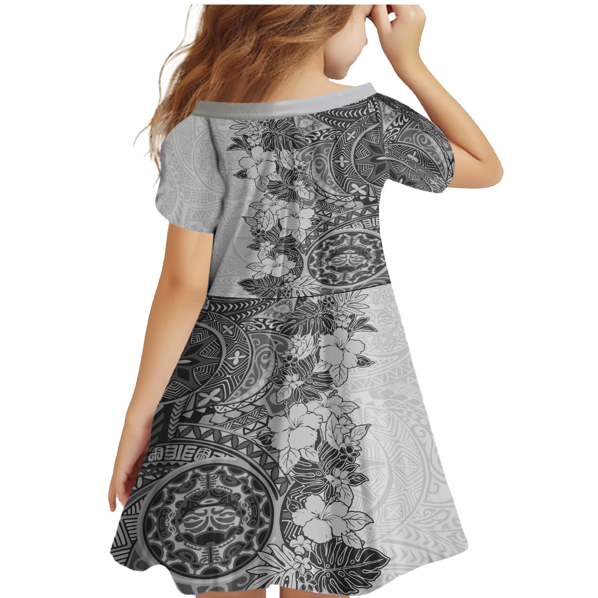 Polynesia Family Matching Mermaid Dress and Hawaiian Shirt Hibiscus and Hawaiian Tribal Tattoo Retro Style Gray Color LT9 - Wonder Print Shop