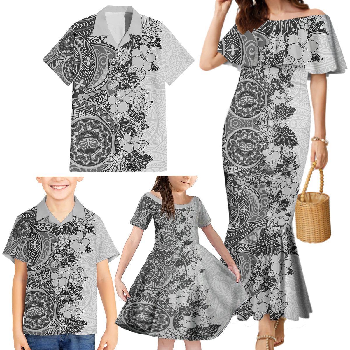 Polynesia Family Matching Mermaid Dress and Hawaiian Shirt Hibiscus and Hawaiian Tribal Tattoo Retro Style Gray Color LT9 - Wonder Print Shop