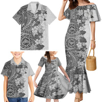 Polynesia Family Matching Mermaid Dress and Hawaiian Shirt Hibiscus and Hawaiian Tribal Tattoo Retro Style Gray Color LT9 - Wonder Print Shop