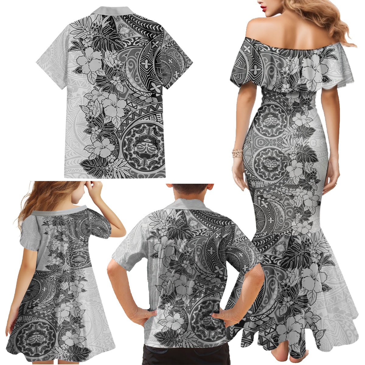 Polynesia Family Matching Mermaid Dress and Hawaiian Shirt Hibiscus and Hawaiian Tribal Tattoo Retro Style Gray Color LT9 - Wonder Print Shop