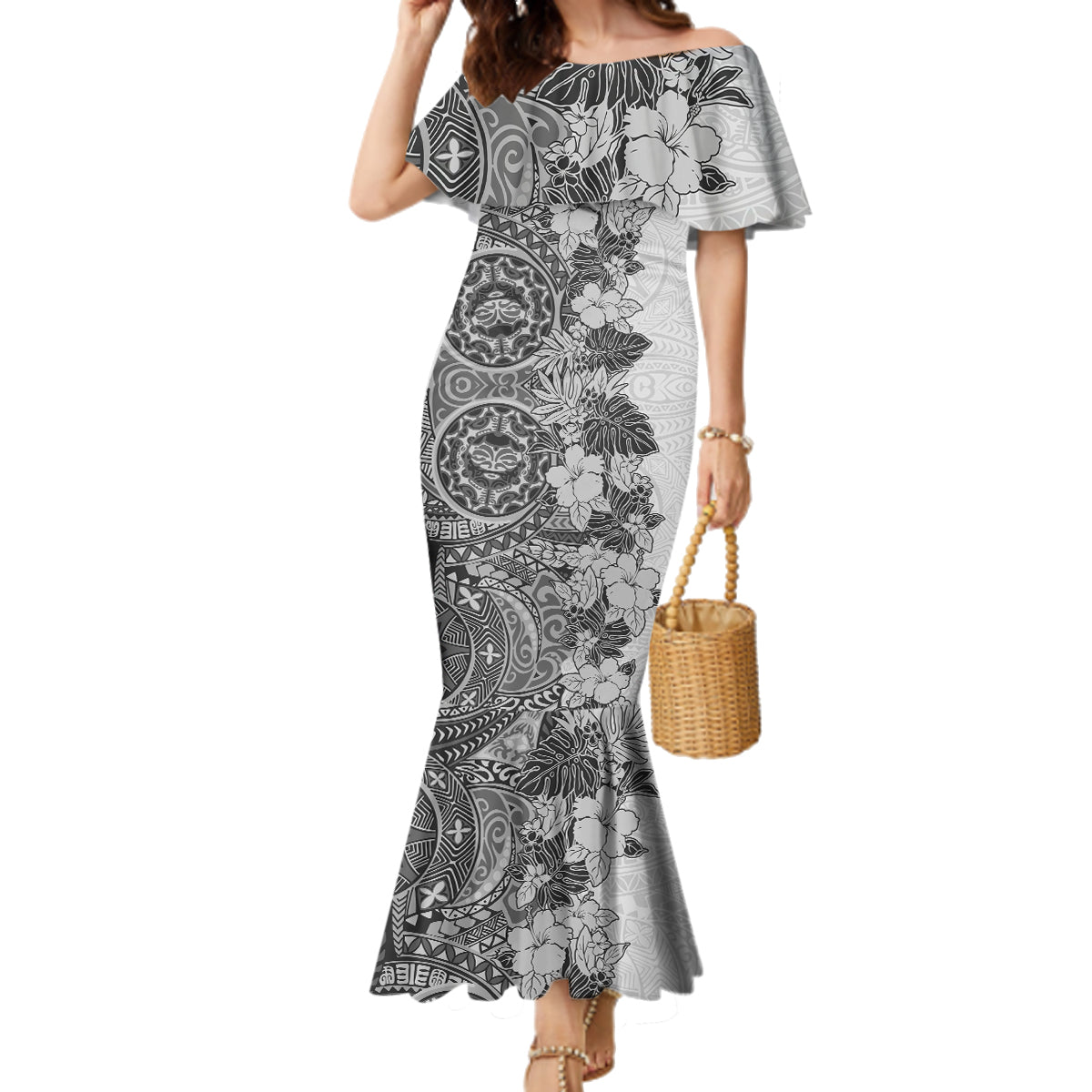 Polynesia Family Matching Mermaid Dress and Hawaiian Shirt Hibiscus and Hawaiian Tribal Tattoo Retro Style Gray Color LT9 - Wonder Print Shop