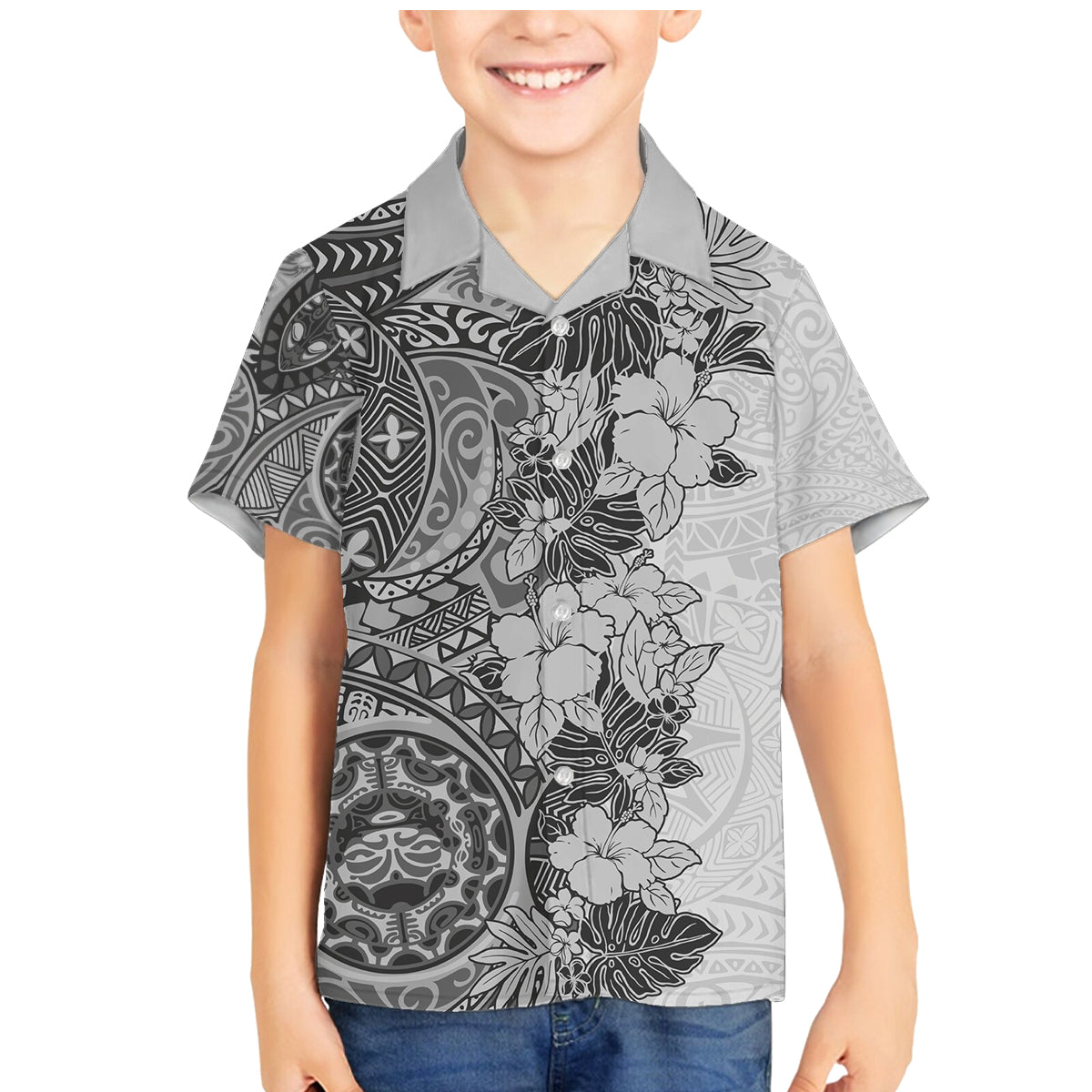 Polynesia Family Matching Mermaid Dress and Hawaiian Shirt Hibiscus and Hawaiian Tribal Tattoo Retro Style Gray Color LT9 - Wonder Print Shop