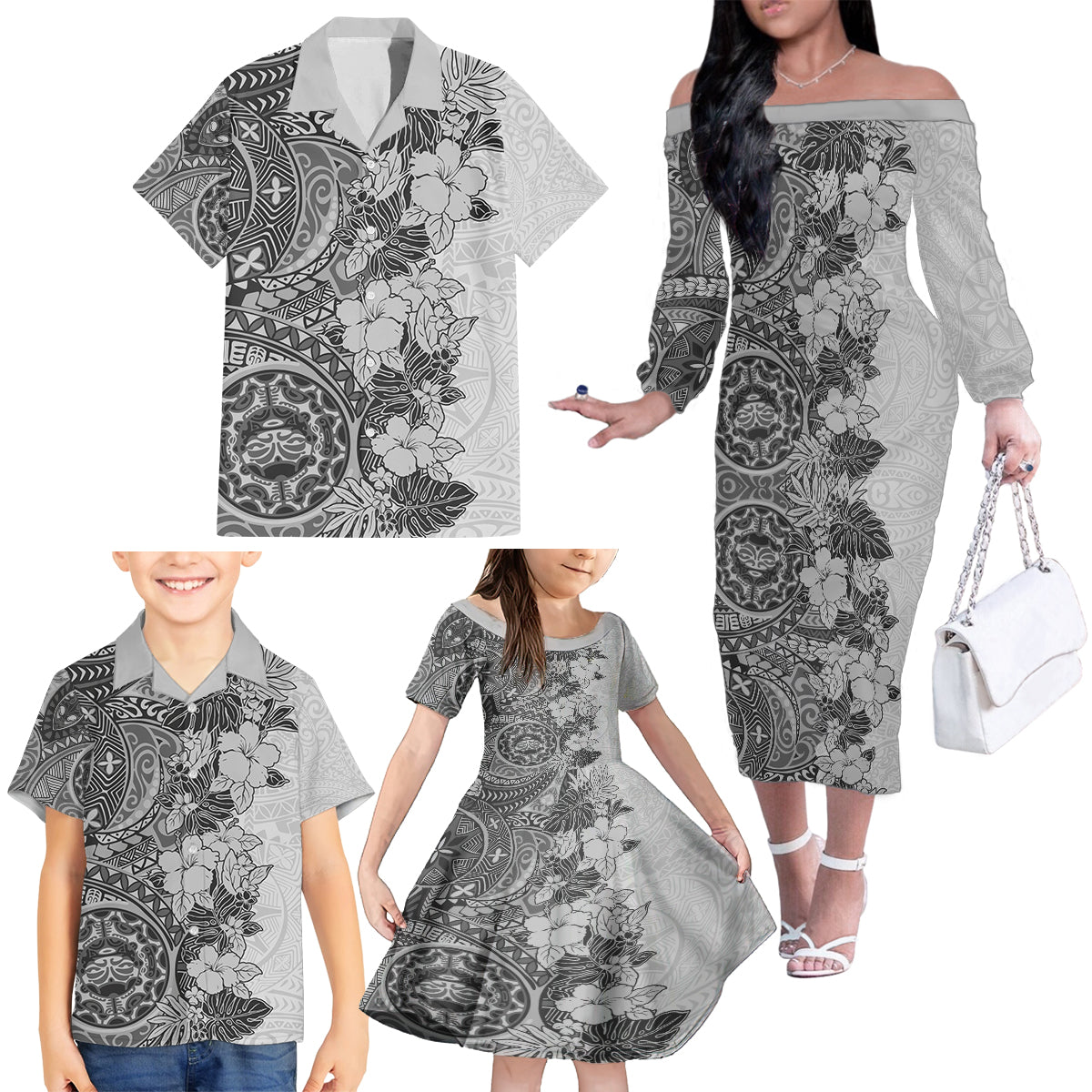 Polynesia Family Matching Off Shoulder Long Sleeve Dress and Hawaiian Shirt Hibiscus and Hawaiian Tribal Tattoo Retro Style Gray Color - Wonder Print Shop
