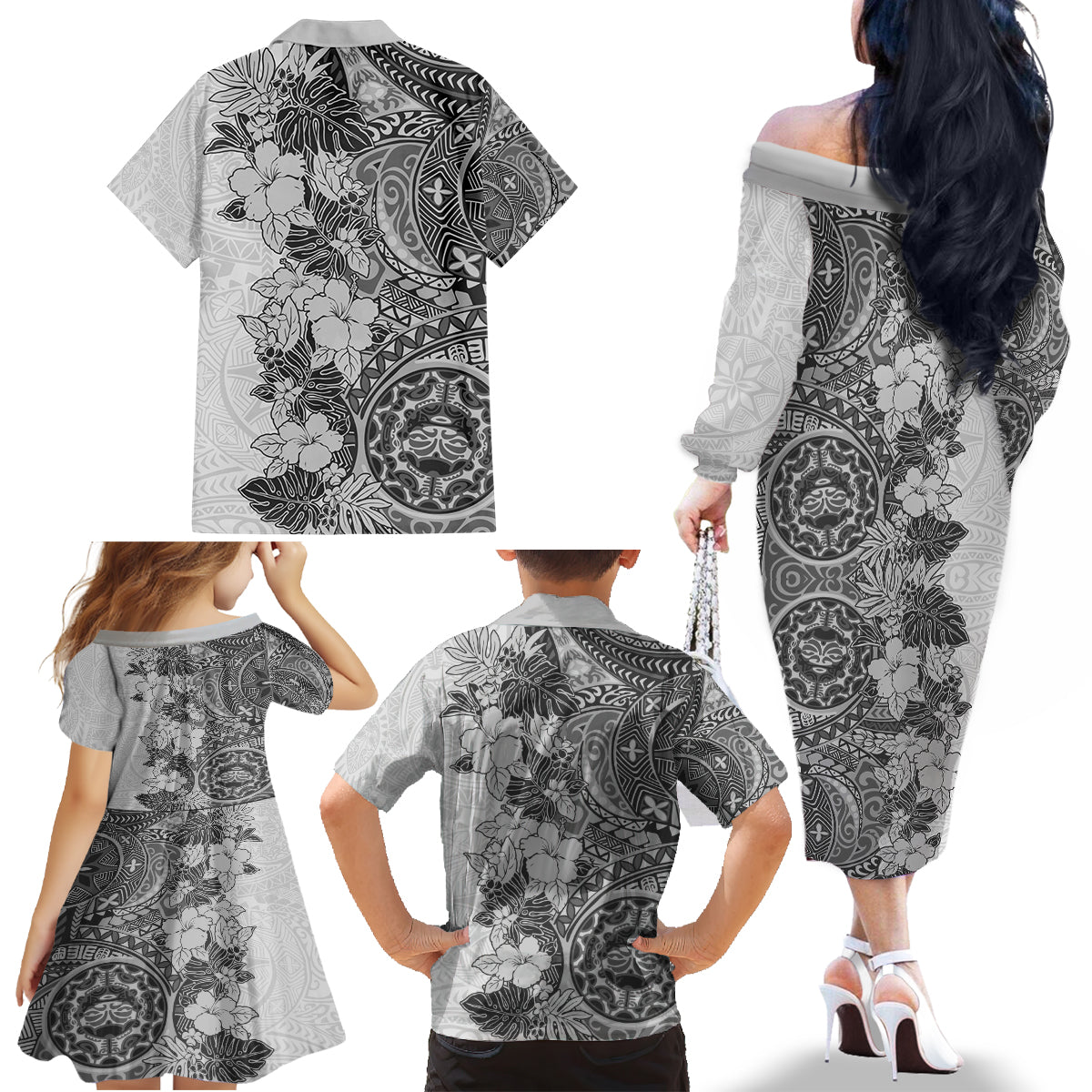 Polynesia Family Matching Off Shoulder Long Sleeve Dress and Hawaiian Shirt Hibiscus and Hawaiian Tribal Tattoo Retro Style Gray Color - Wonder Print Shop