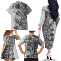Polynesia Family Matching Off Shoulder Long Sleeve Dress and Hawaiian Shirt Hibiscus and Hawaiian Tribal Tattoo Retro Style Gray Color - Wonder Print Shop