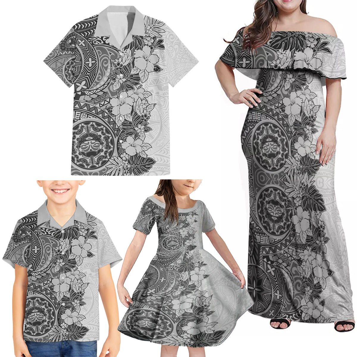 Polynesia Family Matching Off Shoulder Maxi Dress and Hawaiian Shirt Hibiscus and Hawaiian Tribal Tattoo Retro Style Gray Color LT9 - Wonder Print Shop