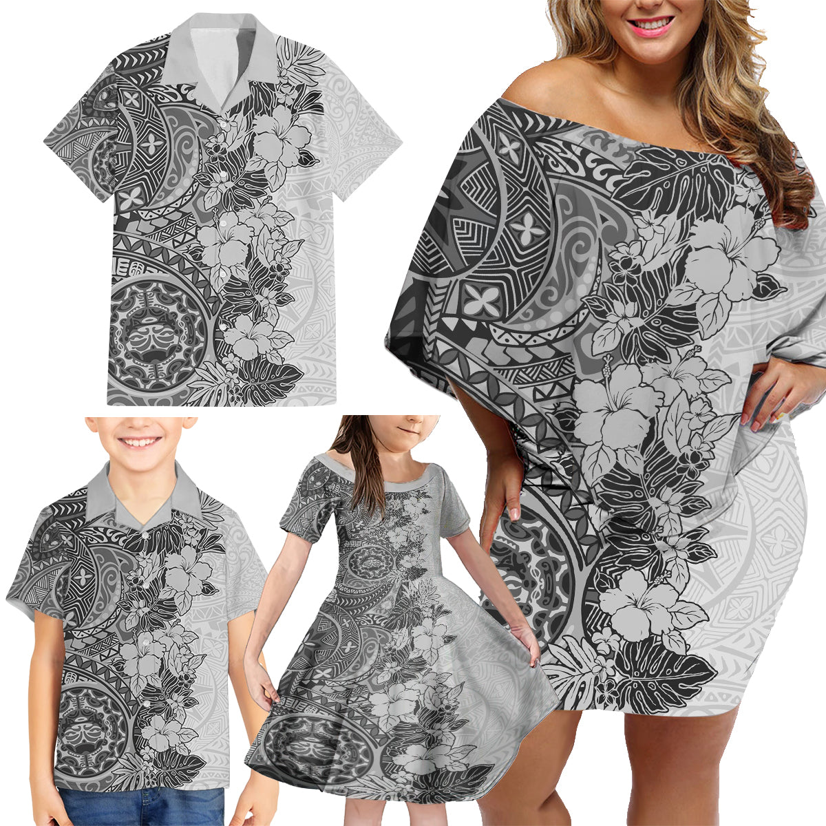 Polynesia Family Matching Off Shoulder Short Dress and Hawaiian Shirt Hibiscus and Hawaiian Tribal Tattoo Retro Style Gray Color LT9 - Wonder Print Shop