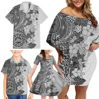 Polynesia Family Matching Off Shoulder Short Dress and Hawaiian Shirt Hibiscus and Hawaiian Tribal Tattoo Retro Style Gray Color LT9 - Wonder Print Shop