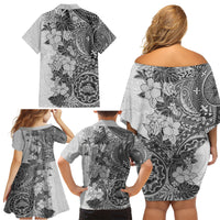 Polynesia Family Matching Off Shoulder Short Dress and Hawaiian Shirt Hibiscus and Hawaiian Tribal Tattoo Retro Style Gray Color LT9 - Wonder Print Shop