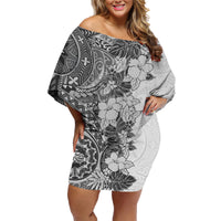 Polynesia Family Matching Off Shoulder Short Dress and Hawaiian Shirt Hibiscus and Hawaiian Tribal Tattoo Retro Style Gray Color LT9 - Wonder Print Shop