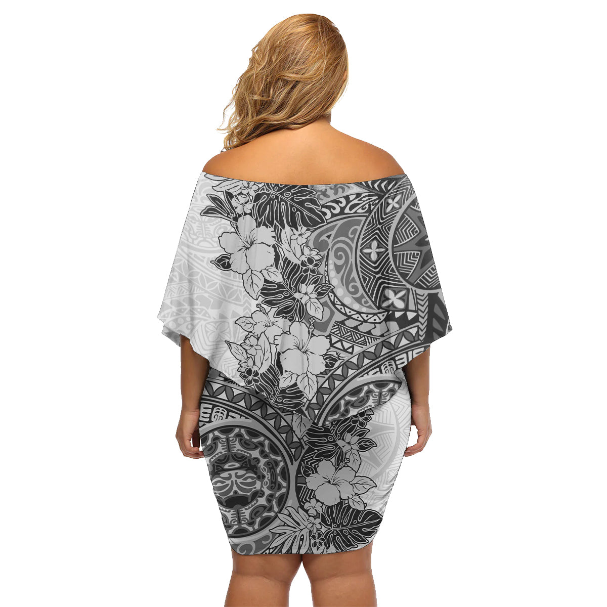 Polynesia Family Matching Off Shoulder Short Dress and Hawaiian Shirt Hibiscus and Hawaiian Tribal Tattoo Retro Style Gray Color LT9 - Wonder Print Shop