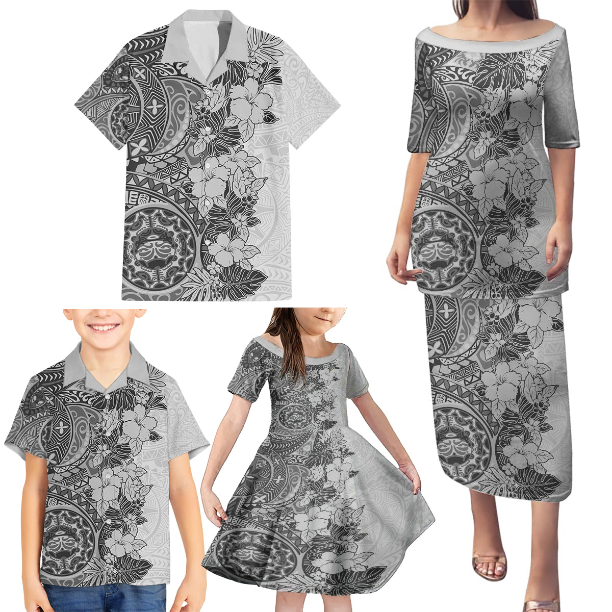 Polynesia Family Matching Puletasi Dress and Hawaiian Shirt Hibiscus and Hawaiian Tribal Tattoo Retro Style Gray Color - Wonder Print Shop