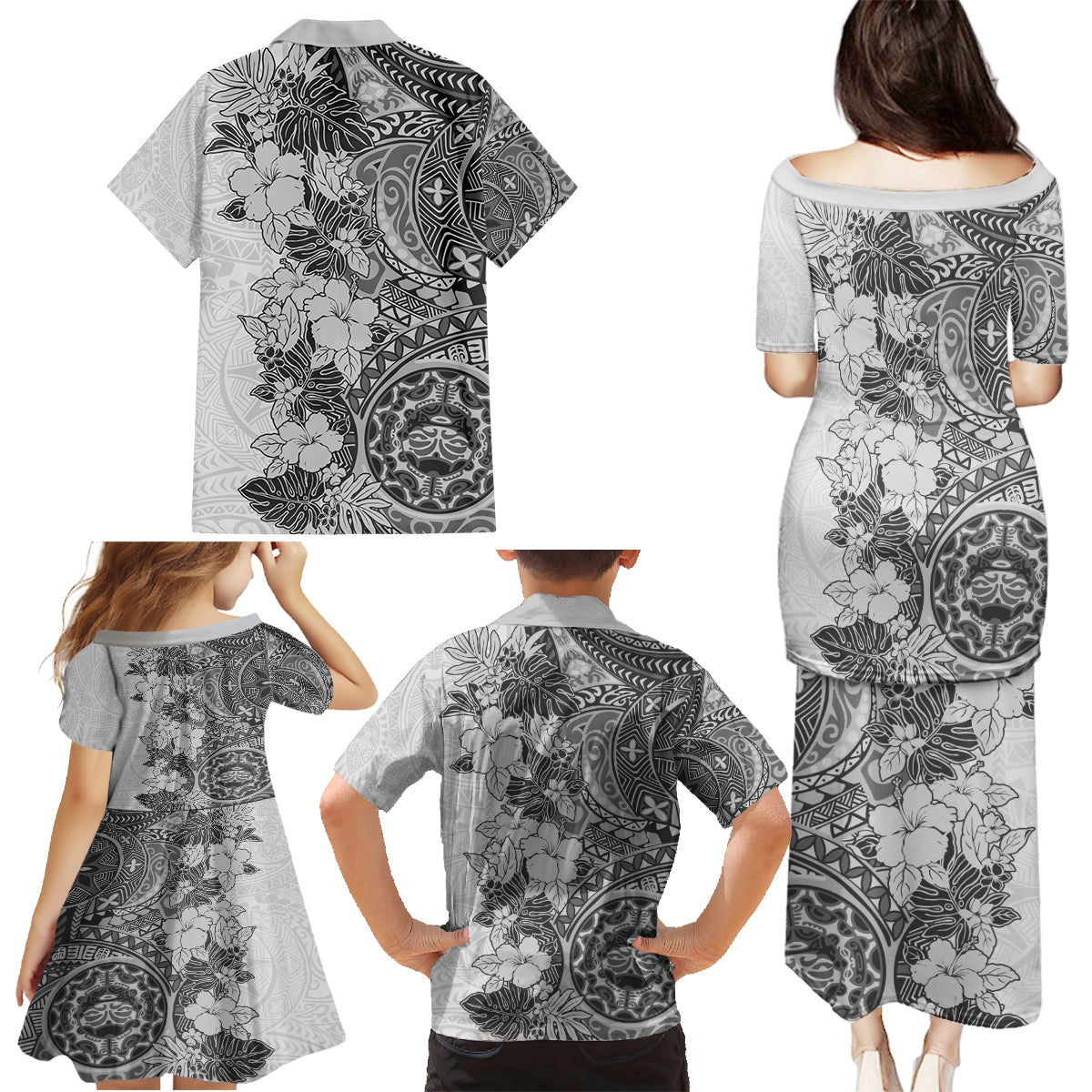 Polynesia Family Matching Puletasi Dress and Hawaiian Shirt Hibiscus and Hawaiian Tribal Tattoo Retro Style Gray Color - Wonder Print Shop