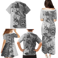 Polynesia Family Matching Puletasi Dress and Hawaiian Shirt Hibiscus and Hawaiian Tribal Tattoo Retro Style Gray Color - Wonder Print Shop