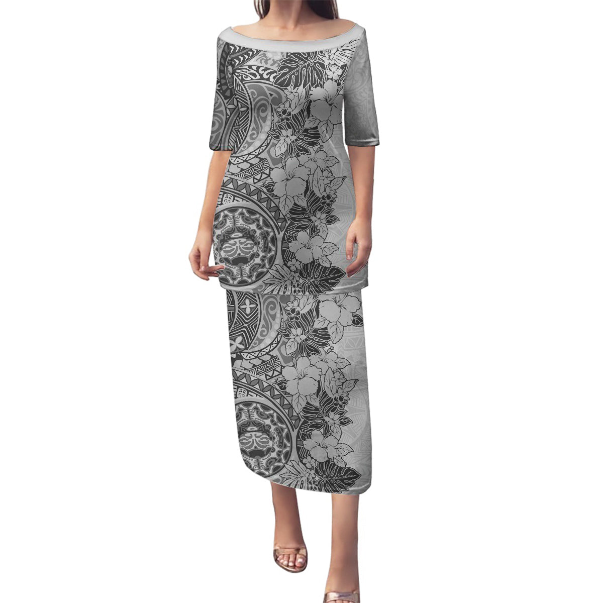 Polynesia Family Matching Puletasi Dress and Hawaiian Shirt Hibiscus and Hawaiian Tribal Tattoo Retro Style Gray Color - Wonder Print Shop