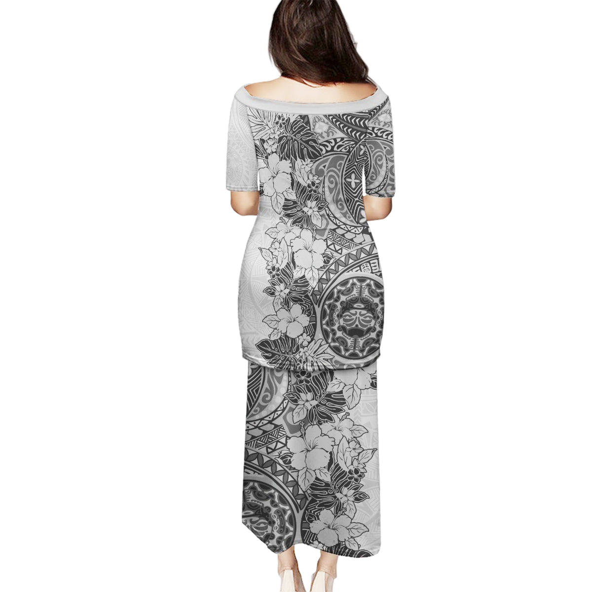Polynesia Family Matching Puletasi Dress and Hawaiian Shirt Hibiscus and Hawaiian Tribal Tattoo Retro Style Gray Color - Wonder Print Shop