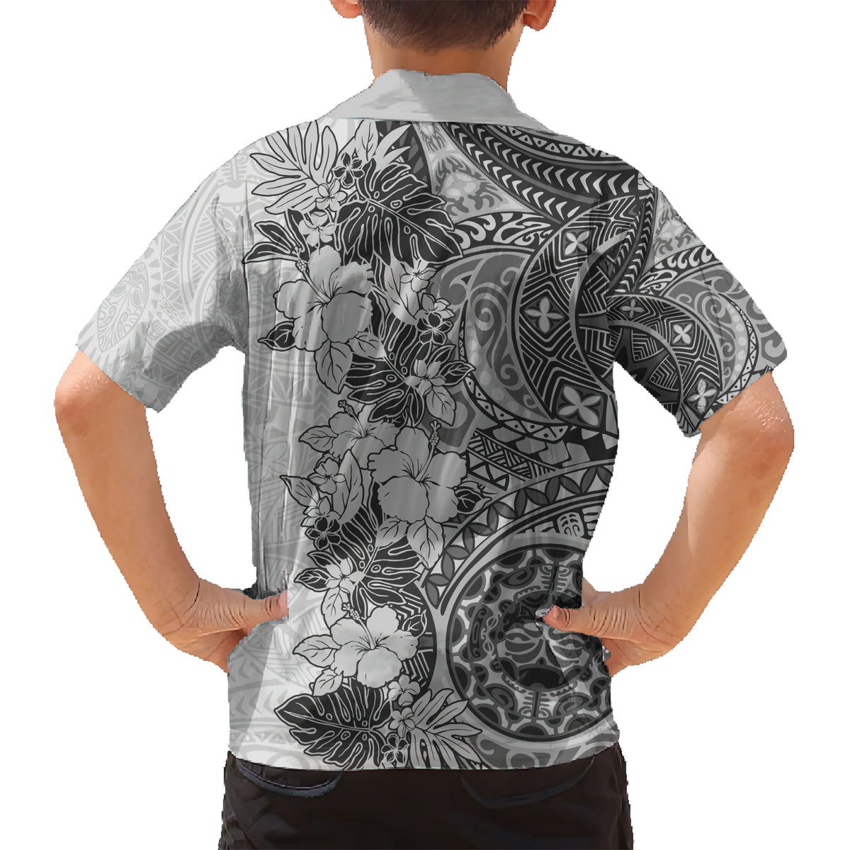 Polynesia Family Matching Short Sleeve Bodycon Dress and Hawaiian Shirt Hibiscus and Hawaiian Tribal Tattoo Retro Style Gray Color - Wonder Print Shop