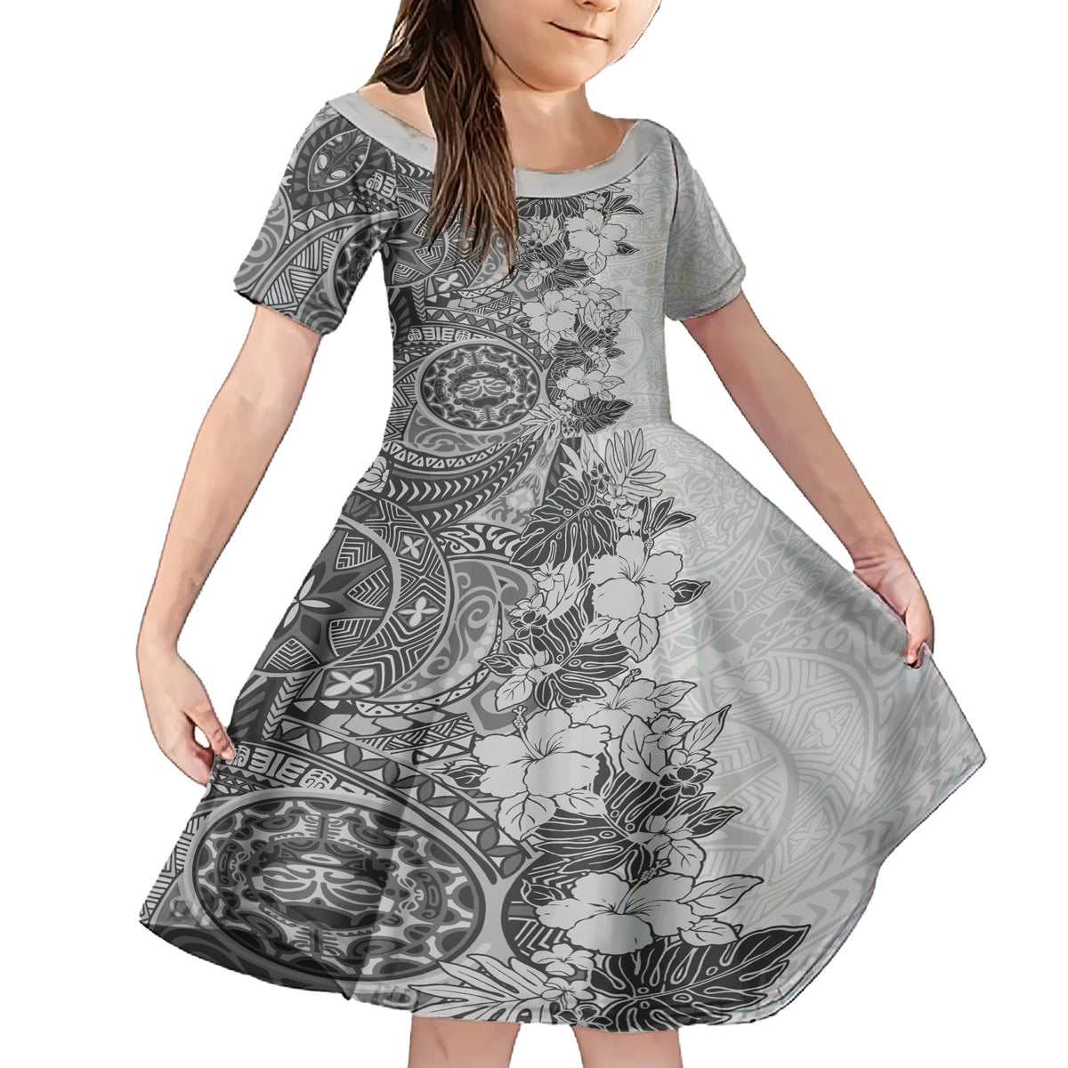 Polynesia Family Matching Short Sleeve Bodycon Dress and Hawaiian Shirt Hibiscus and Hawaiian Tribal Tattoo Retro Style Gray Color - Wonder Print Shop