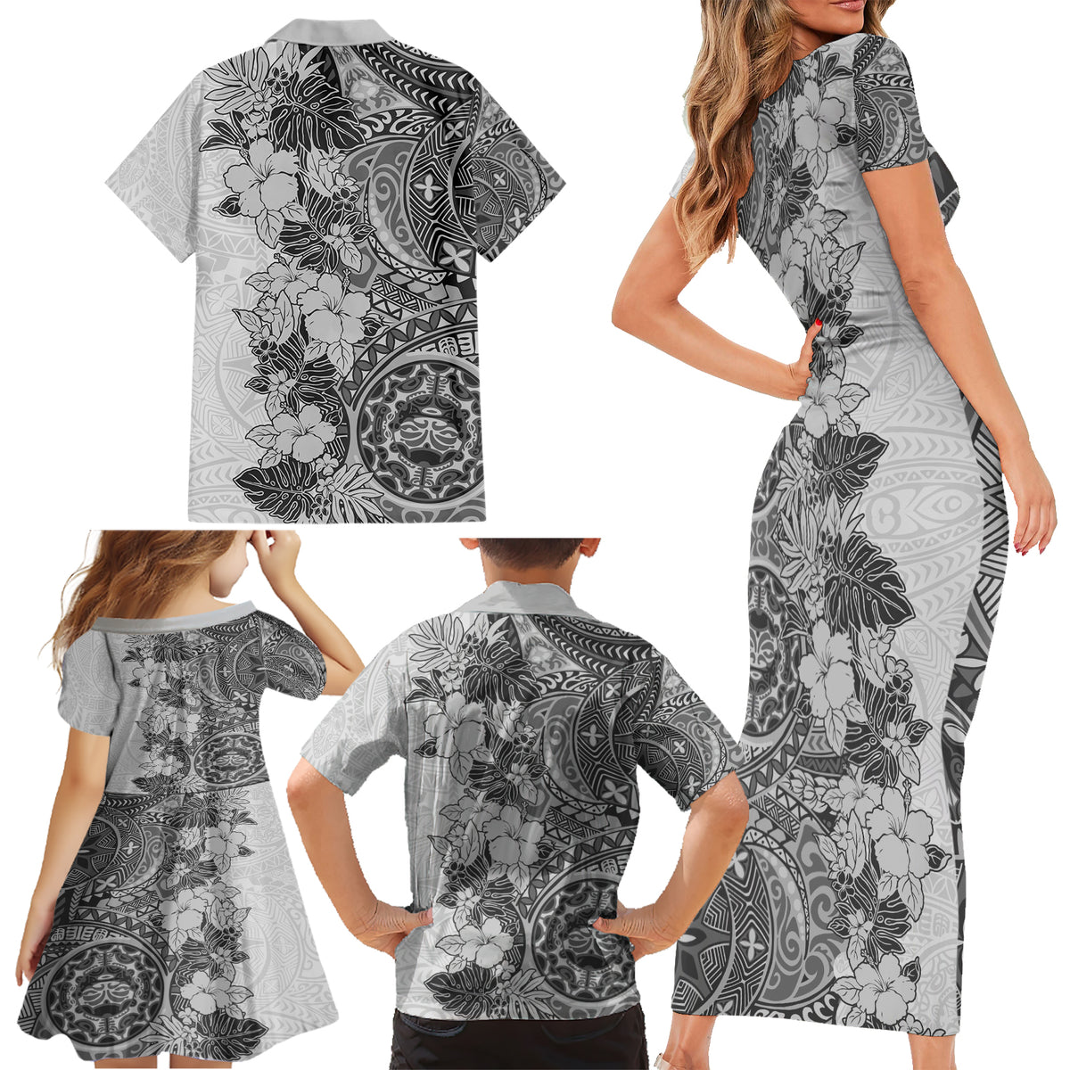 Polynesia Family Matching Short Sleeve Bodycon Dress and Hawaiian Shirt Hibiscus and Hawaiian Tribal Tattoo Retro Style Gray Color - Wonder Print Shop