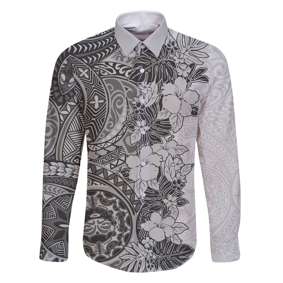 Polynesia Family Matching Short Sleeve Bodycon Dress and Hawaiian Shirt Hibiscus and Hawaiian Tribal Tattoo Retro Style Gray Color - Wonder Print Shop