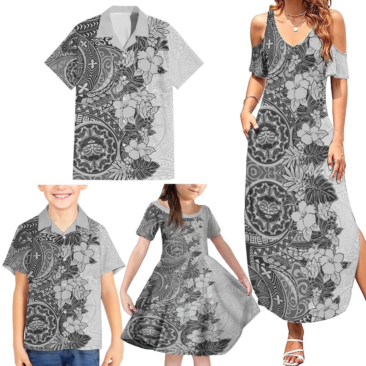 Polynesia Family Matching Summer Maxi Dress and Hawaiian Shirt Hibiscus and Hawaiian Tribal Tattoo Retro Style Gray Color - Wonder Print Shop