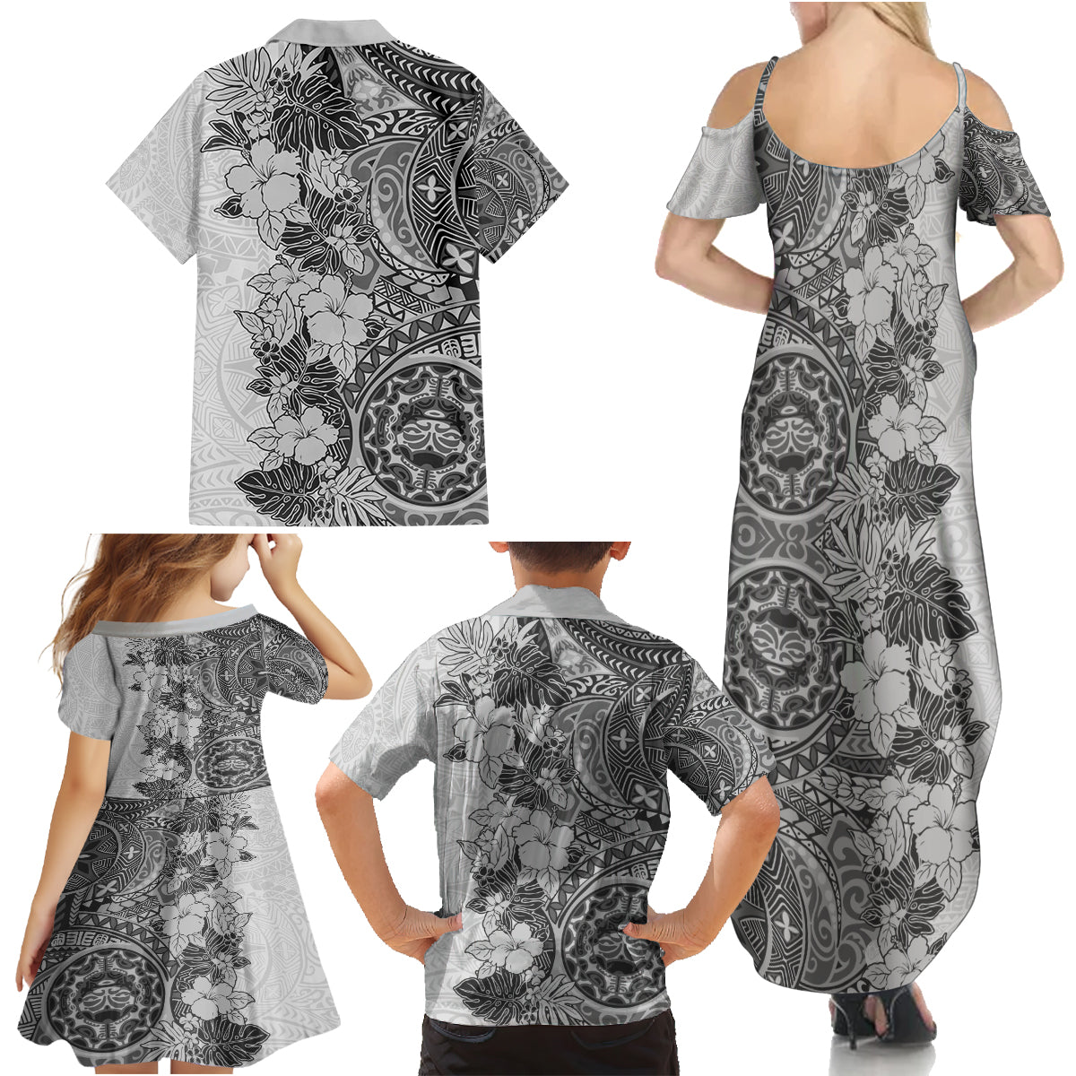 Polynesia Family Matching Summer Maxi Dress and Hawaiian Shirt Hibiscus and Hawaiian Tribal Tattoo Retro Style Gray Color - Wonder Print Shop