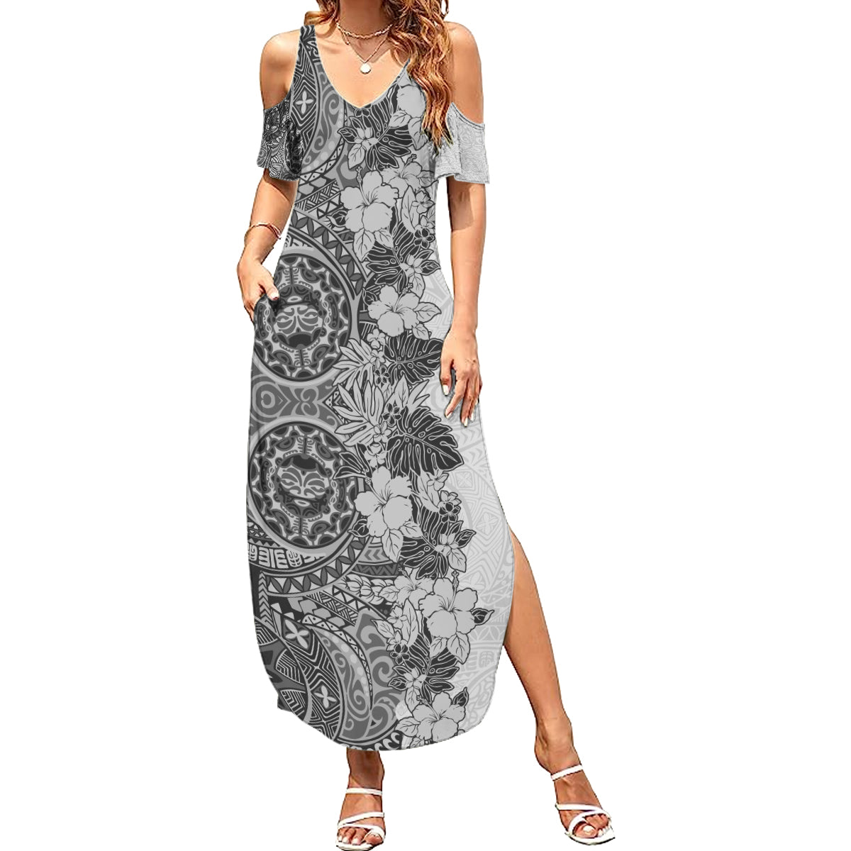 Polynesia Family Matching Summer Maxi Dress and Hawaiian Shirt Hibiscus and Hawaiian Tribal Tattoo Retro Style Gray Color - Wonder Print Shop