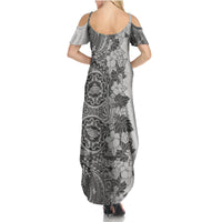 Polynesia Family Matching Summer Maxi Dress and Hawaiian Shirt Hibiscus and Hawaiian Tribal Tattoo Retro Style Gray Color - Wonder Print Shop