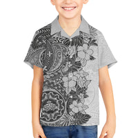 Polynesia Family Matching Summer Maxi Dress and Hawaiian Shirt Hibiscus and Hawaiian Tribal Tattoo Retro Style Gray Color - Wonder Print Shop