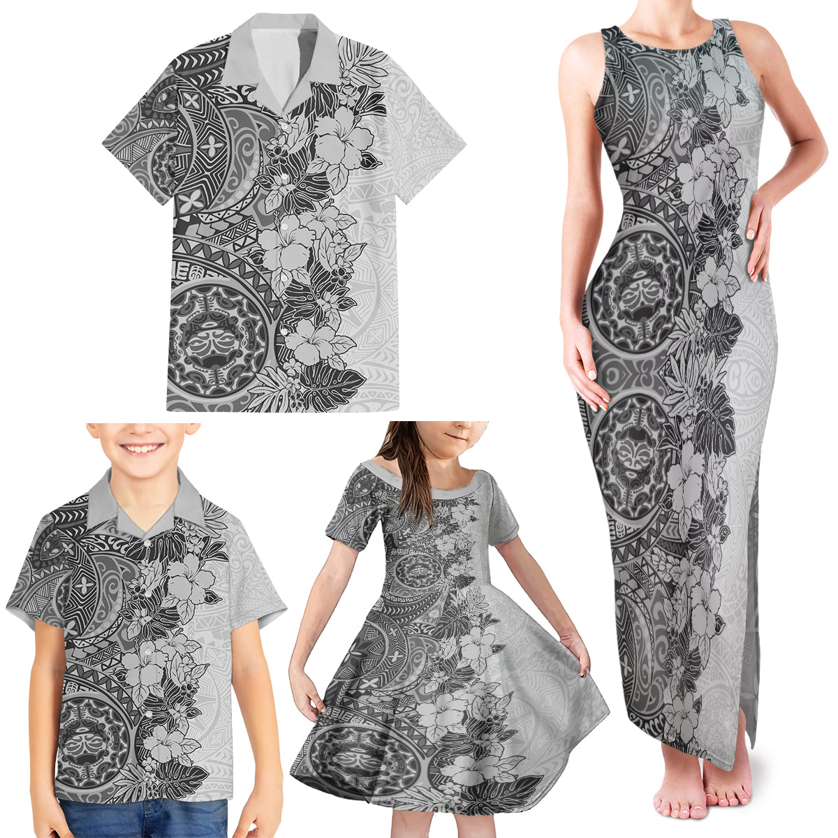 Polynesia Family Matching Tank Maxi Dress and Hawaiian Shirt Hibiscus and Hawaiian Tribal Tattoo Retro Style Gray Color - Wonder Print Shop