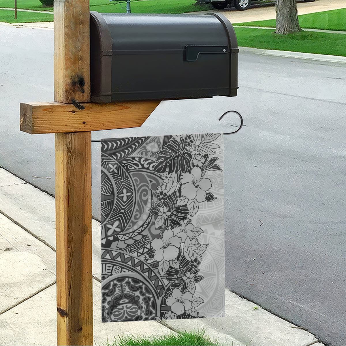 Polynesia Garden Flag Hibiscus and Hawaiian Tribal Tattoo Retro Style Gray Color - Wonder Print Shop
