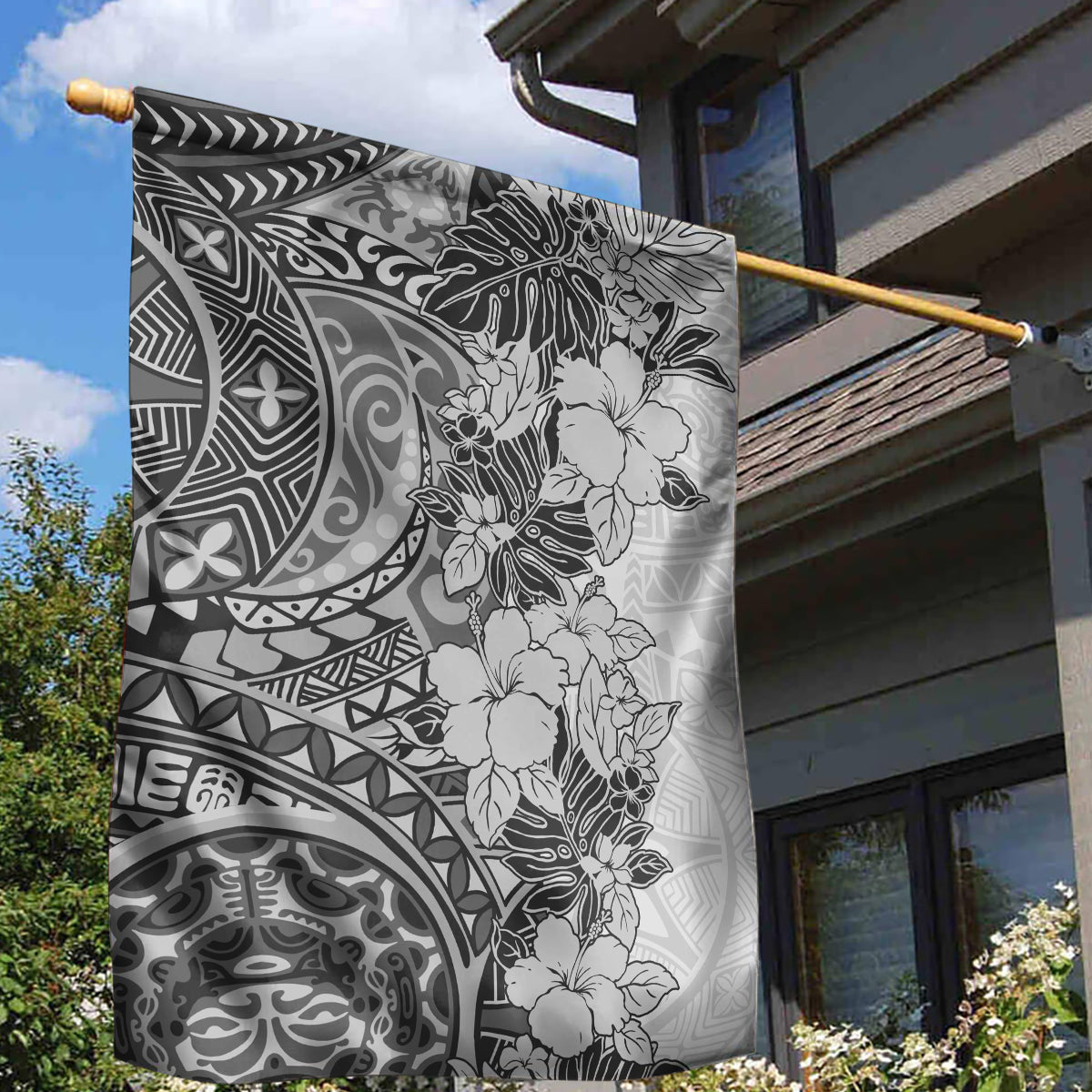 Polynesia Garden Flag Hibiscus and Hawaiian Tribal Tattoo Retro Style Gray Color - Wonder Print Shop