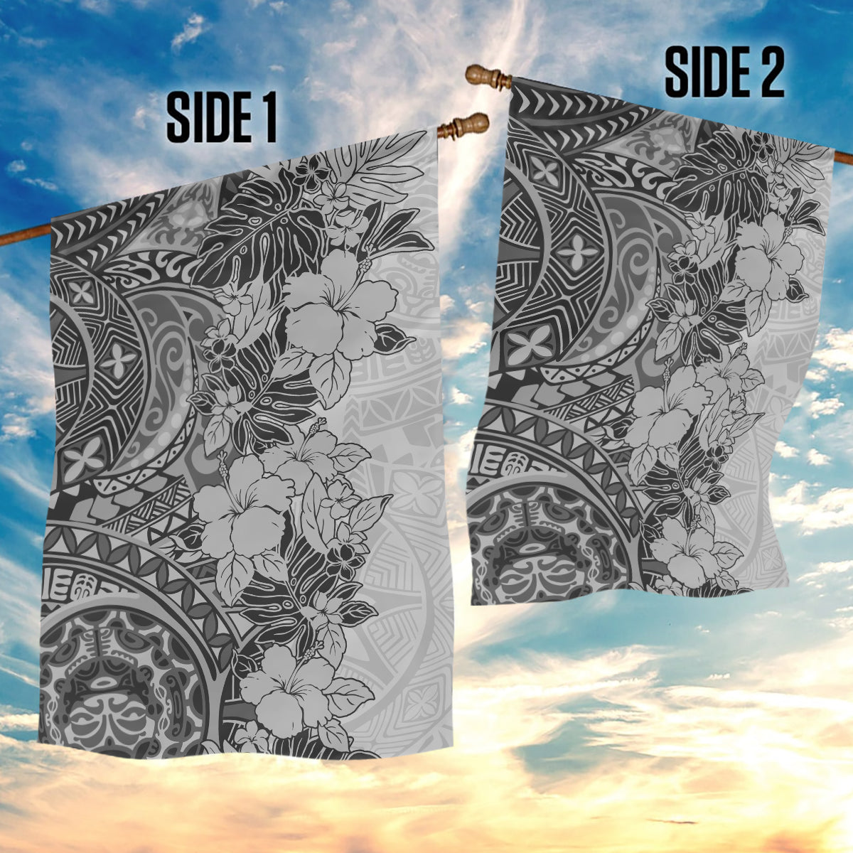 Polynesia Garden Flag Hibiscus and Hawaiian Tribal Tattoo Retro Style Gray Color - Wonder Print Shop