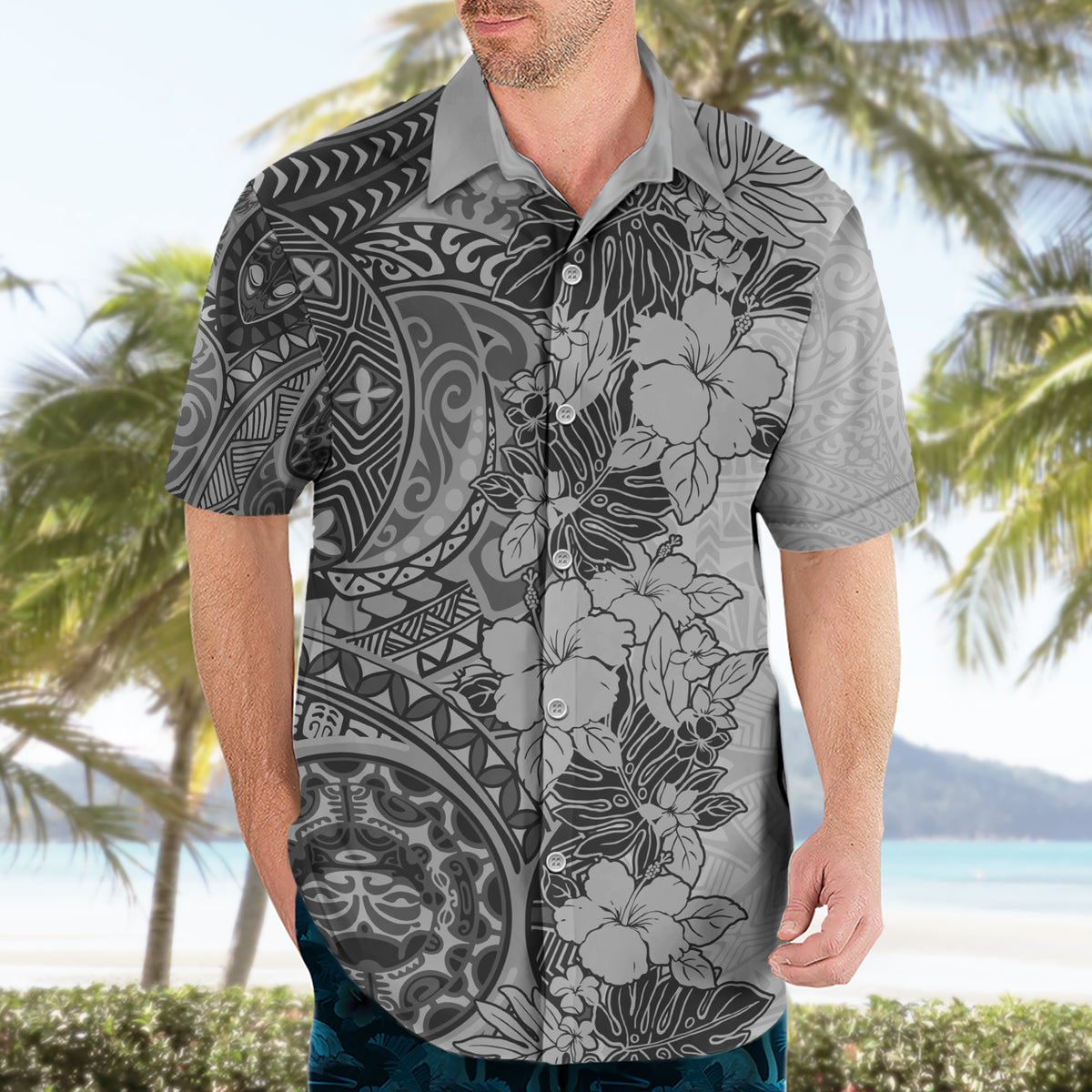 Polynesia Hawaiian Shirt Hibiscus and Hawaiian Tribal Tattoo Retro Style Gray Color - Wonder Print Shop