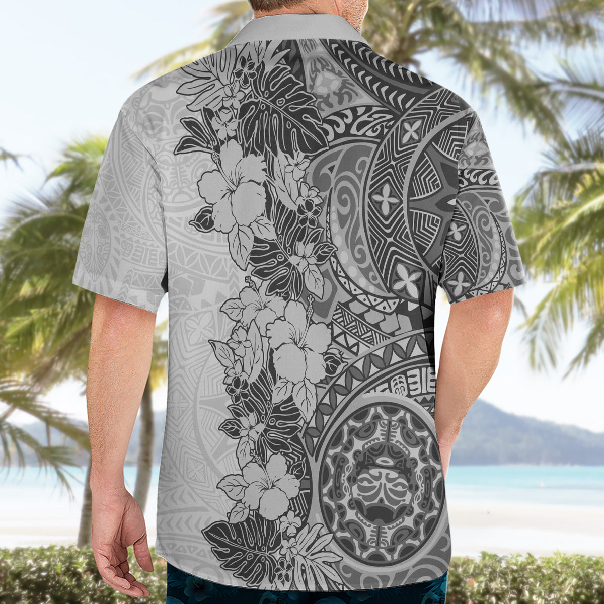 Polynesia Hawaiian Shirt Hibiscus and Hawaiian Tribal Tattoo Retro Style Gray Color - Wonder Print Shop