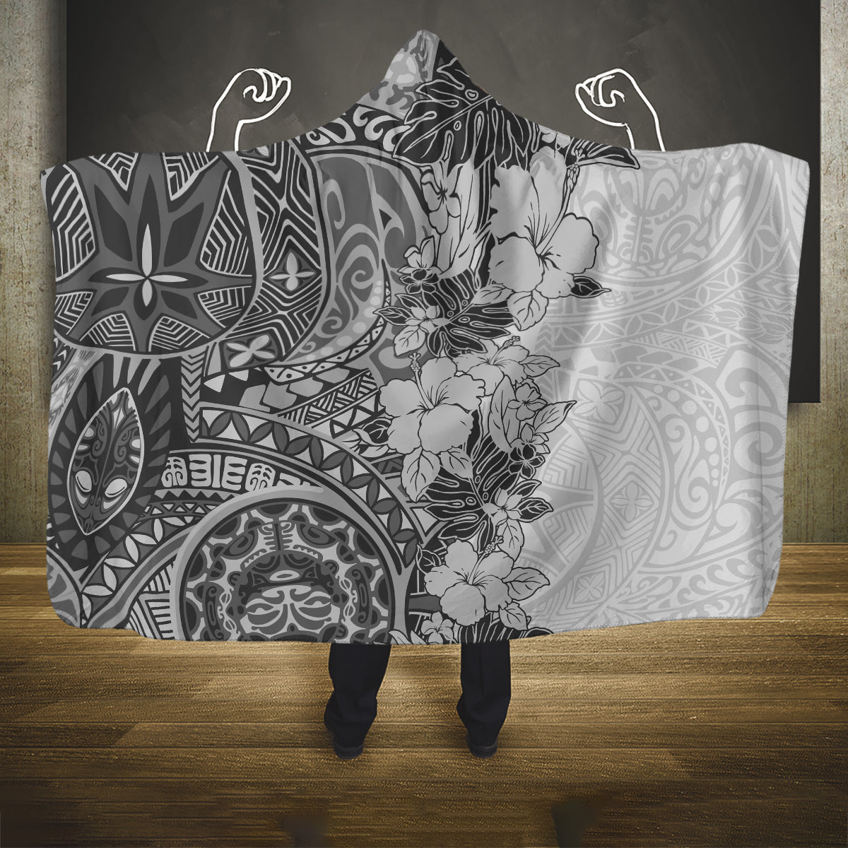 polynesia-hooded-blanket-hibiscus-and-hawaiian-tribal-tattoo-retro-style-gray-color