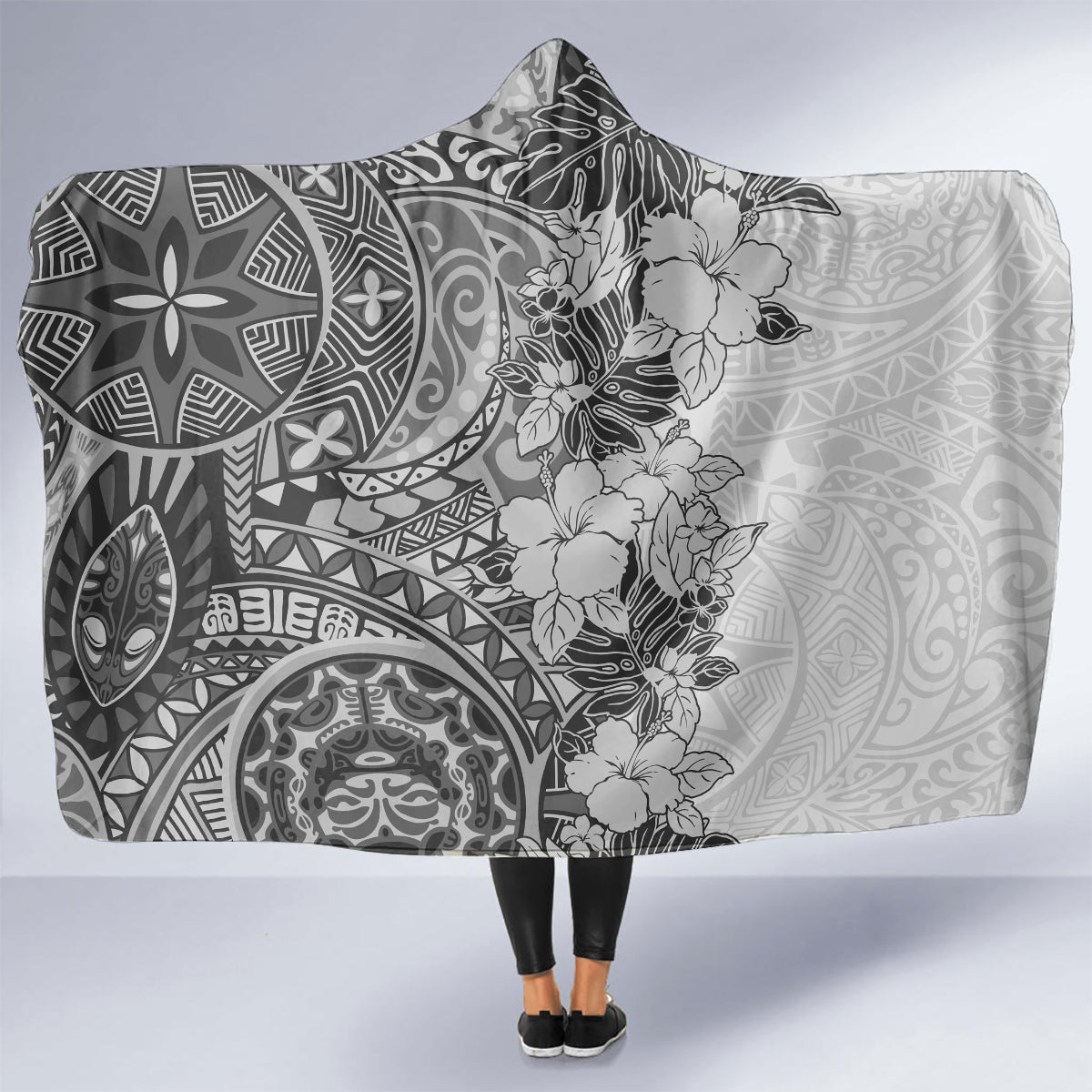 polynesia-hooded-blanket-hibiscus-and-hawaiian-tribal-tattoo-retro-style-gray-color