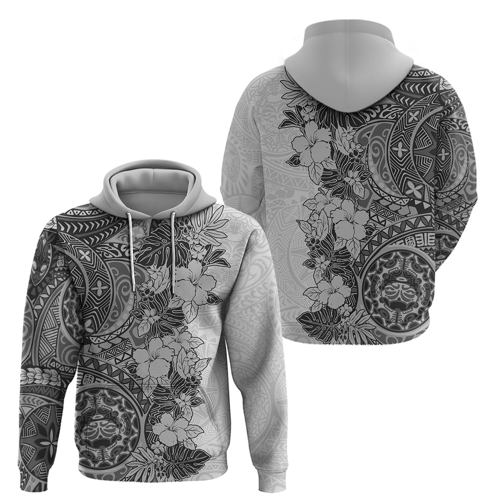 Polynesia Hoodie Hibiscus and Hawaiian Tribal Tattoo Retro Style Gray Color - Wonder Print Shop