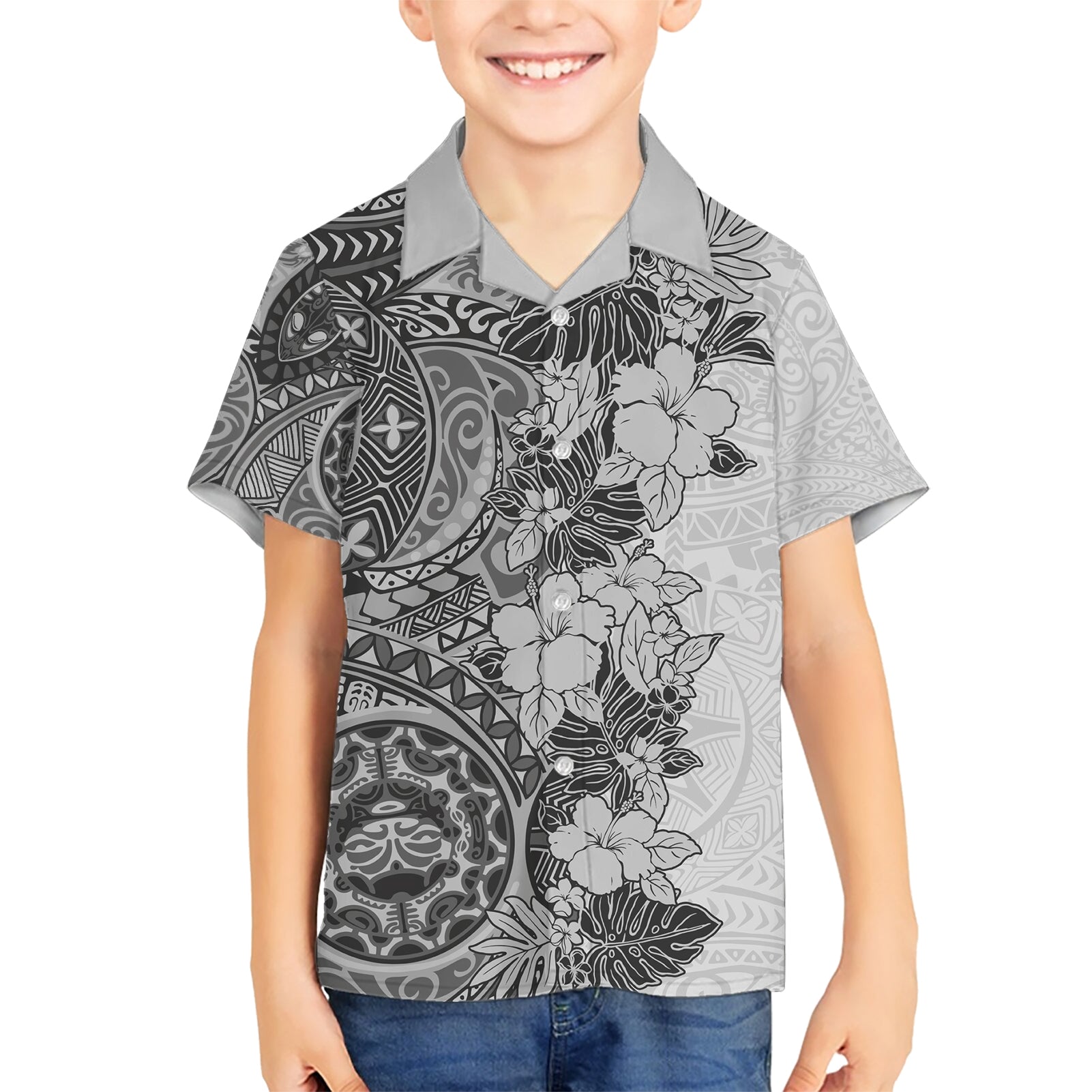 Polynesia Kid Hawaiian Shirt Hibiscus and Hawaiian Tribal Tattoo Retro Style Gray Color - Wonder Print Shop