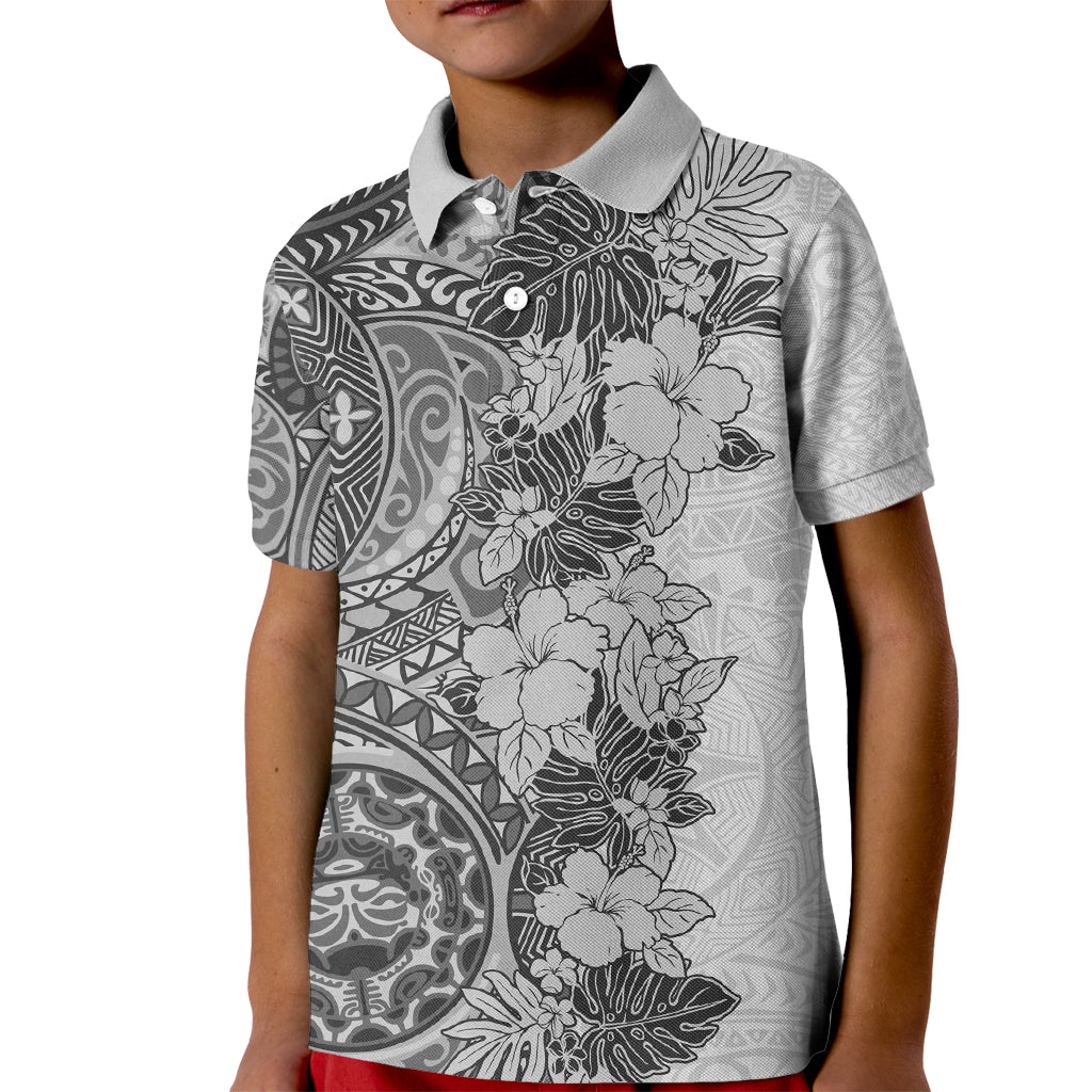 Polynesia Kid Polo Shirt Hibiscus and Hawaiian Tribal Tattoo Retro Style Gray Color - Wonder Print Shop