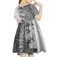 Polynesia Kid Short Sleeve Dress Hibiscus and Hawaiian Tribal Tattoo Retro Style Gray Color - Wonder Print Shop