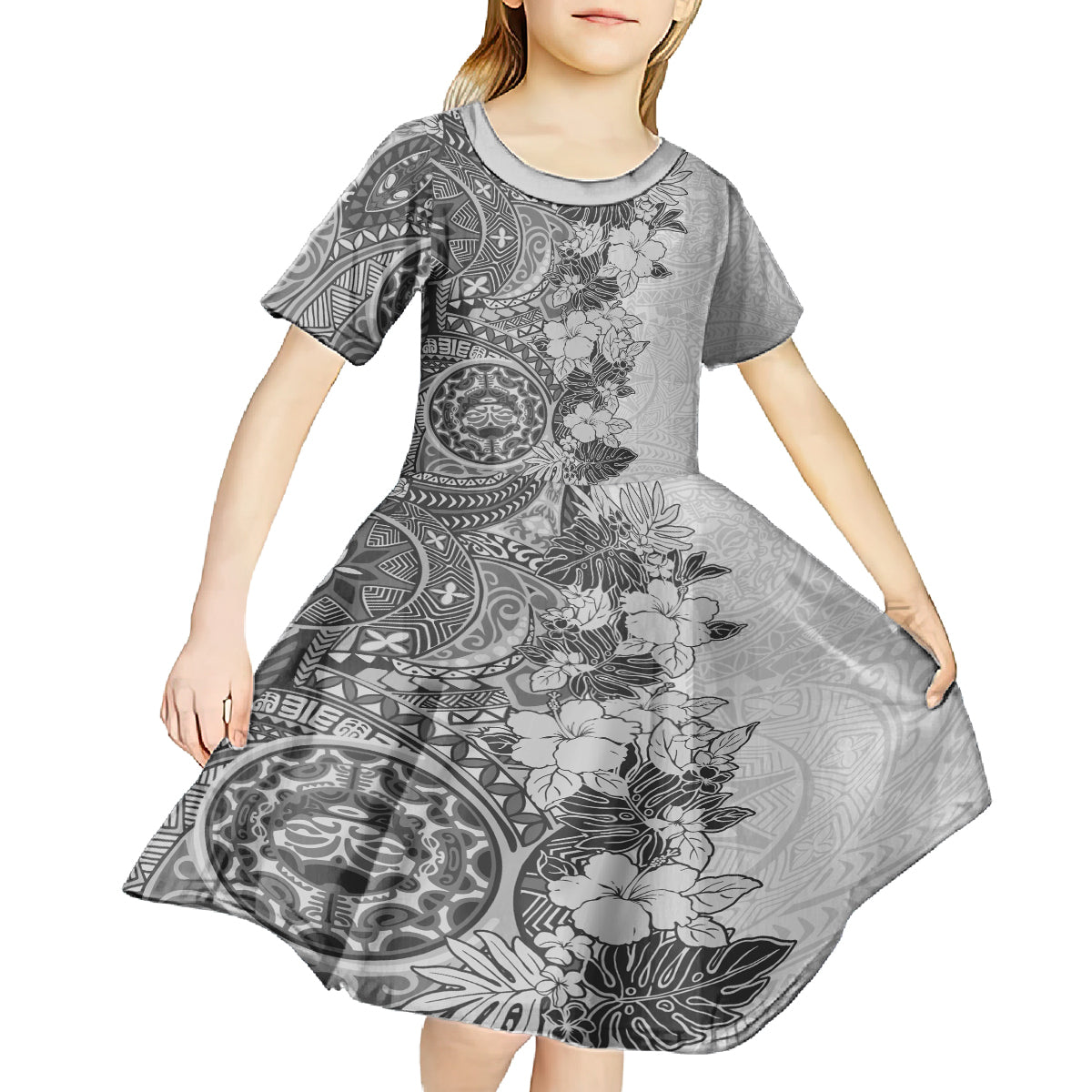 Polynesia Kid Short Sleeve Dress Hibiscus and Hawaiian Tribal Tattoo Retro Style Gray Color - Wonder Print Shop